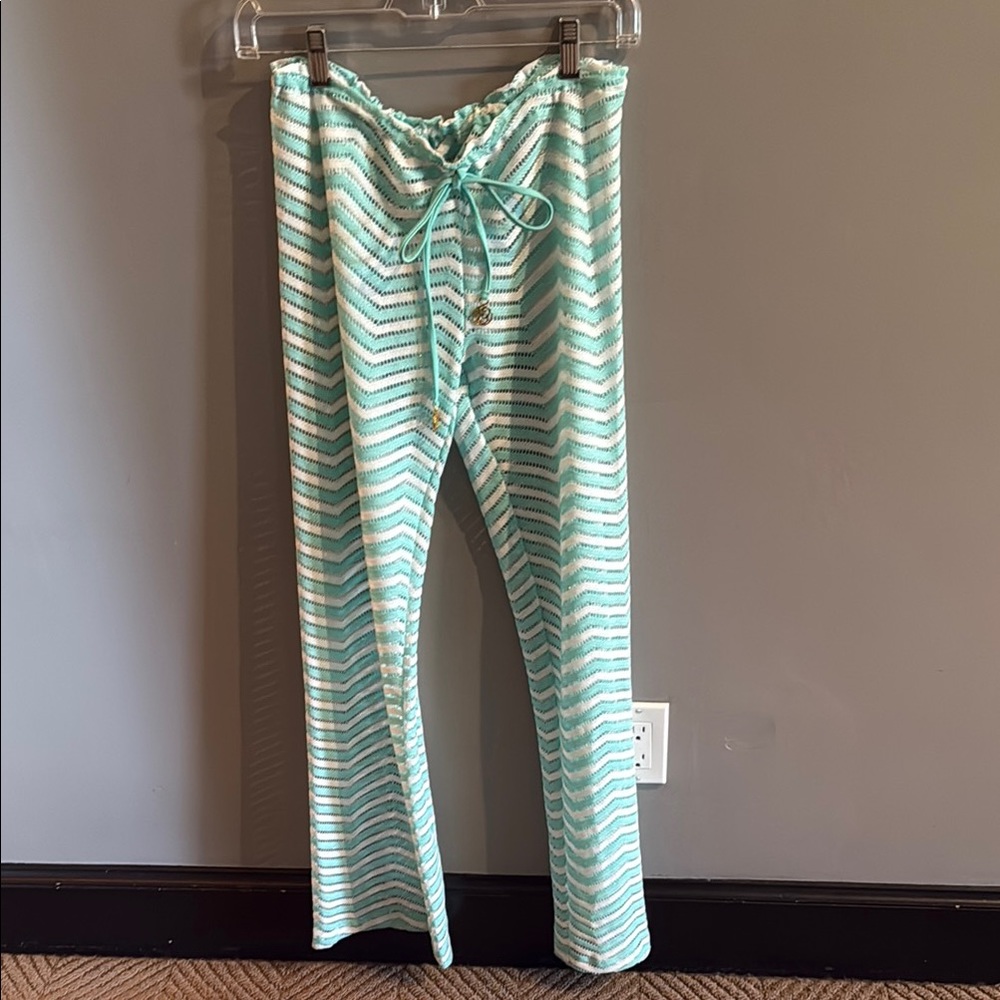 Luli Fama Blue and turquoise/ white herringbone Bottoms with Drawstring Waist.
